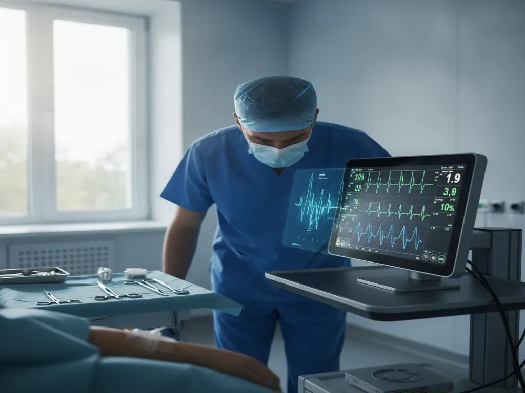 AI in anesthesia: anesthesia provider in blue scrubs studying an AI-enhanced patient vitals monitor with predictive waveform