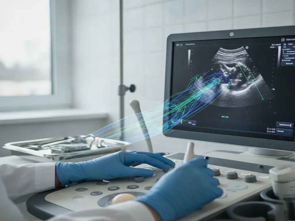 AI in anesthesia: gloved hands using an AI-guided ultrasound screen showing anatomical overlays during a nerve block