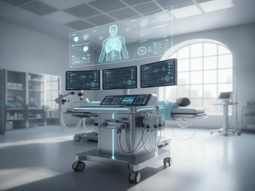 AI in anesthesia: futuristic anesthesia workstation with smart monitors and digital data displays in a high-tech OR