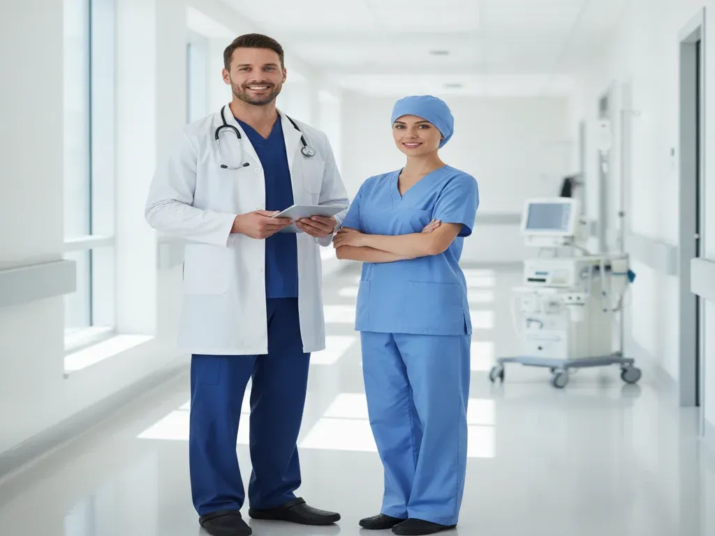 Anesthesia job outlook: confident anesthesiologist and nurse anesthetist standing together in a bright hospital corridor