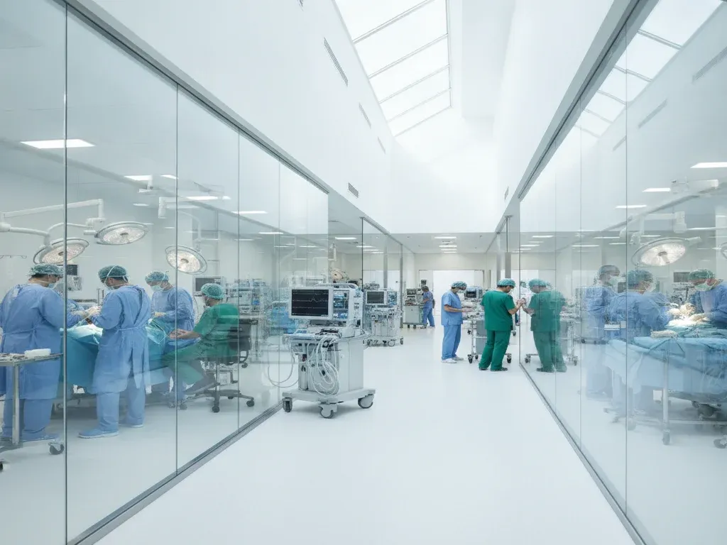 Anesthesia job outlook: busy modern surgical floor with multiple operating rooms and anesthesia teams at work