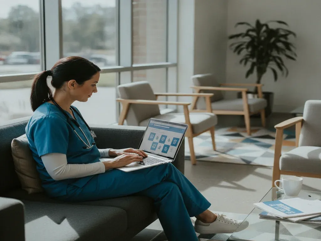 Anesthesia job outlook: anesthesia provider reviewing job opportunities on a laptop in a sunlit hospital lounge