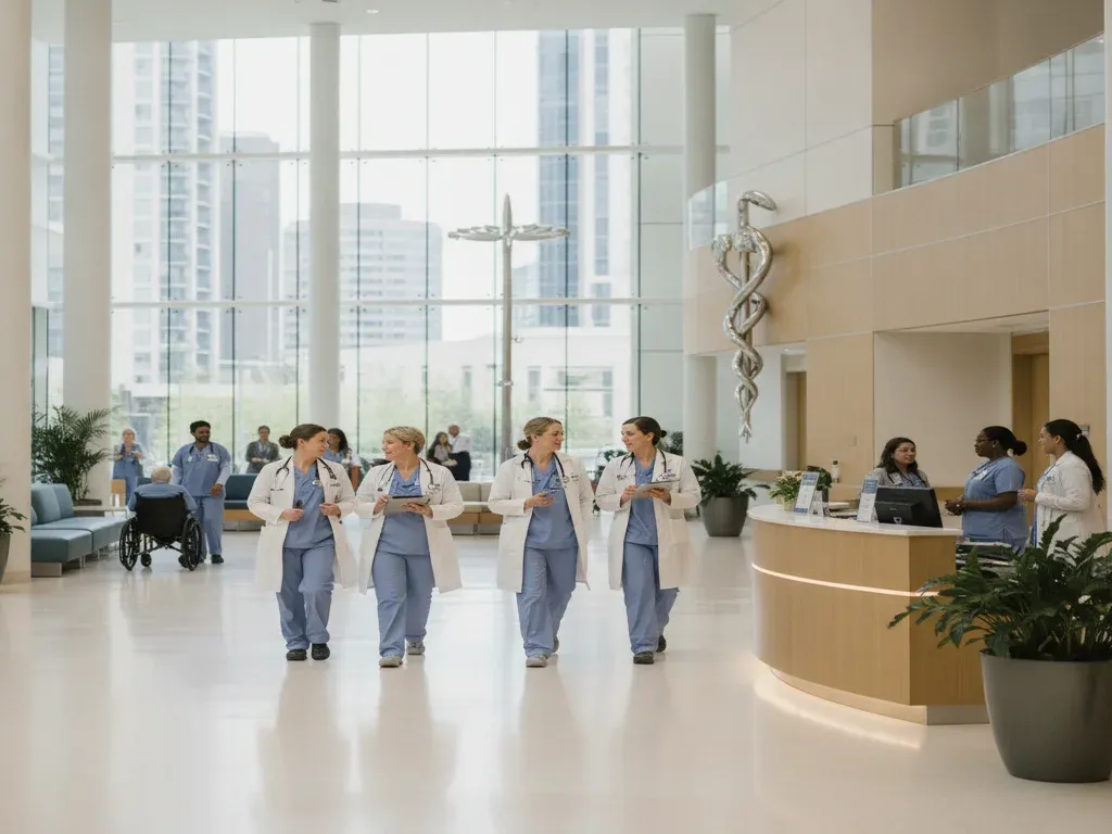 Anesthesia provider demand by state: wide bright hospital lobby in the United States with anesthesia providers walking