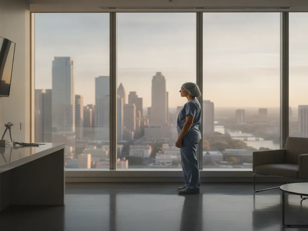Anesthesia provider demand by state: anesthesiologist in scrubs looking out a large window over an American city skyline
