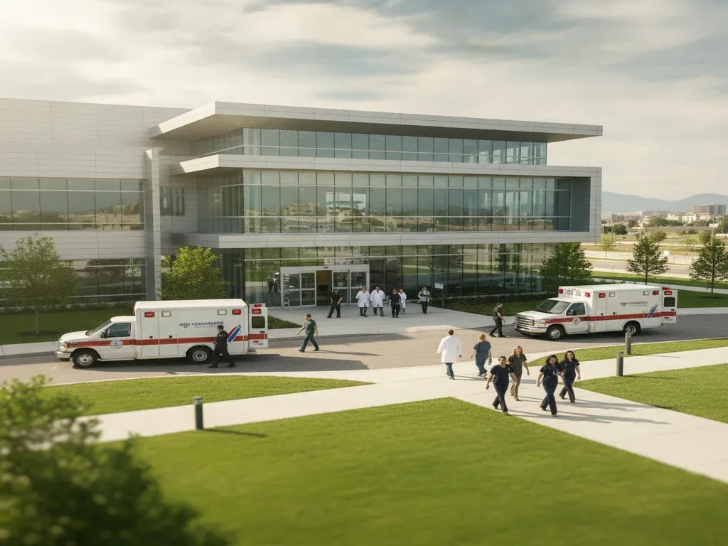 Anesthesia provider demand by state: regional medical center exterior with ambulances, modern American hospital architecture