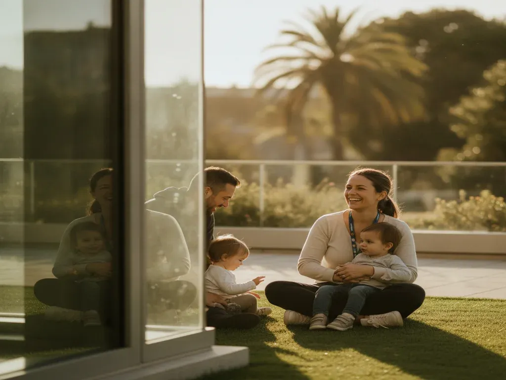 Anesthesia work-life balance: off-duty anesthesia provider relaxing outdoors with family at sunset, healthy work-life