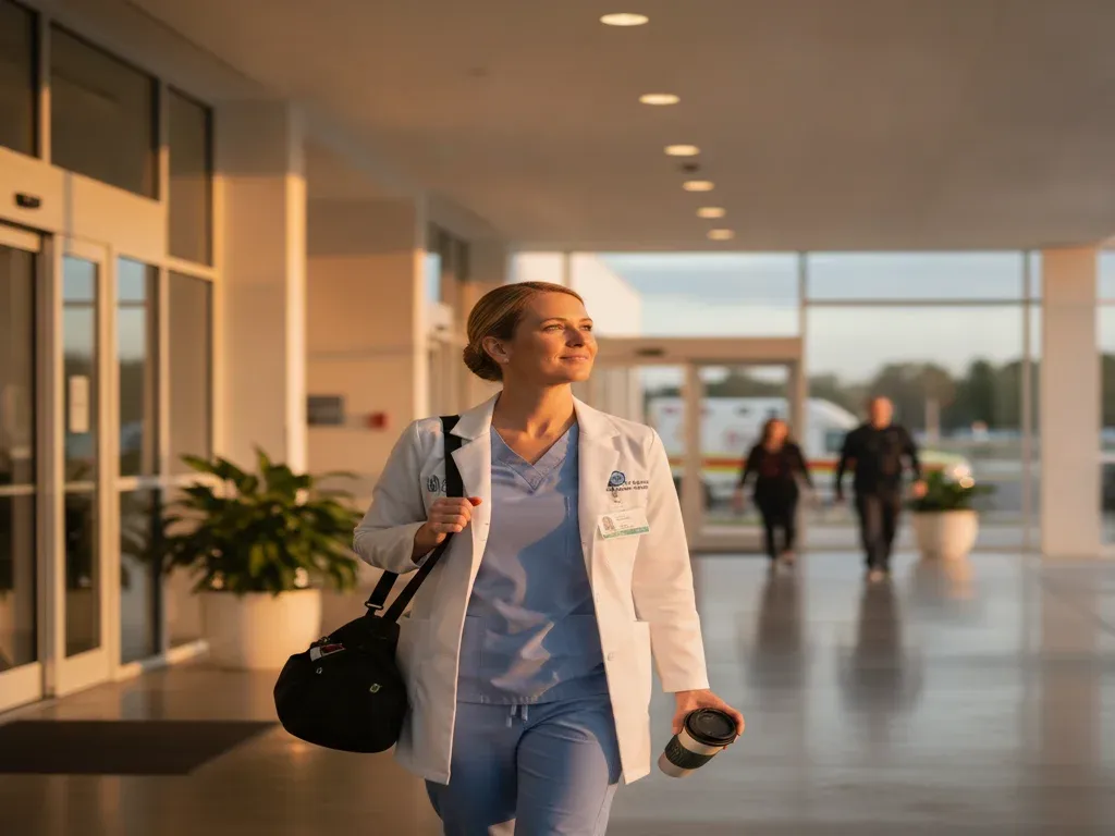 Anesthesia work-life balance: nurse anesthetist leaving the hospital at golden hour with a calm relaxed expression