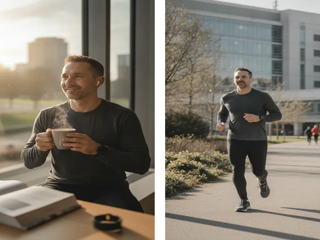 Anesthesia work-life balance: anesthesiologist enjoying a morning coffee and run before a clinical shift