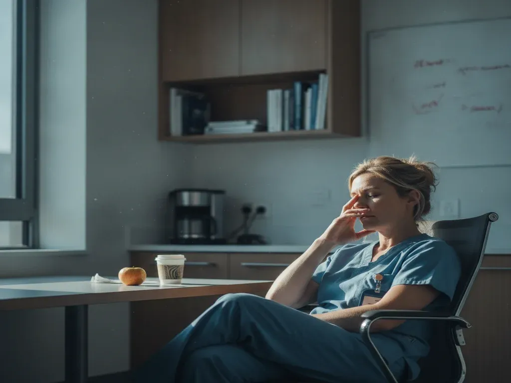 Anesthesiologist burnout: tired anesthesiologist taking a quiet reflective break in a hospital break room, soft empathetic