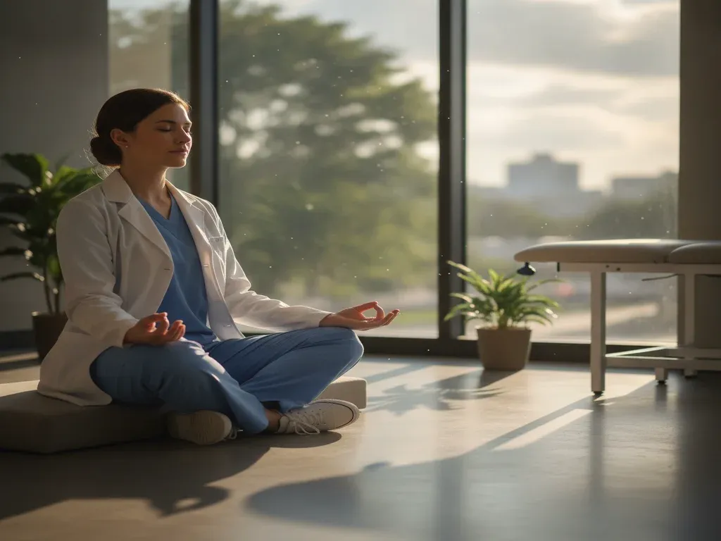 Anesthesiologist burnout: physician practicing mindfulness and stress relief near a sunlit hospital window