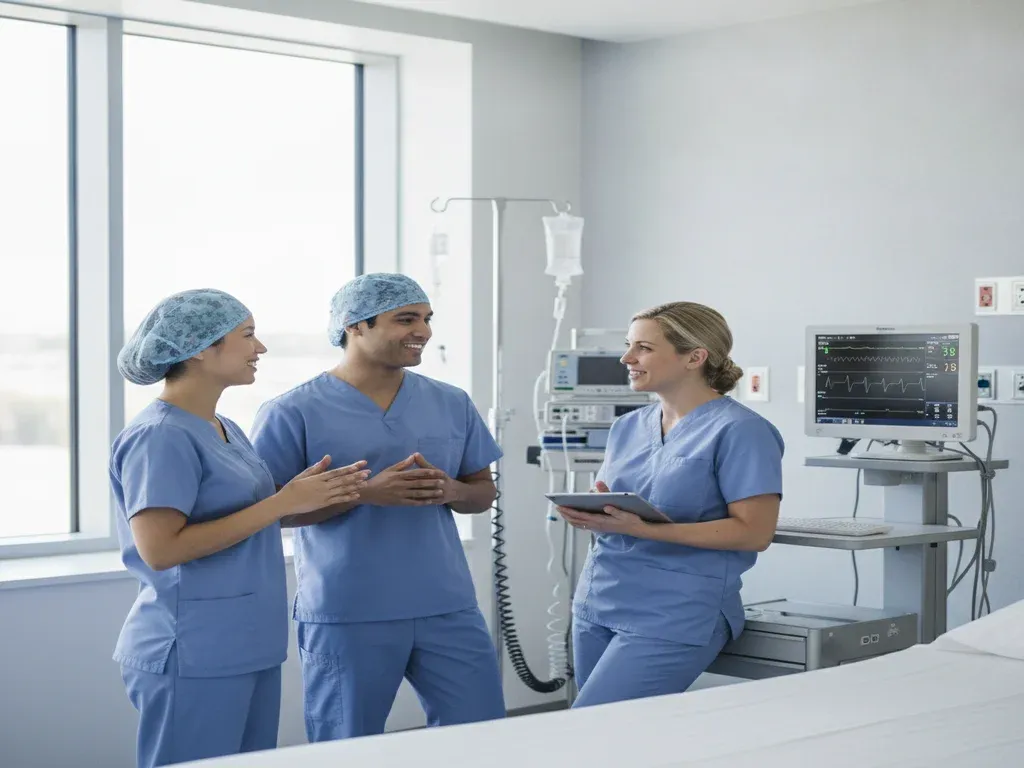 Anesthesiologist burnout: supportive anesthesia care team talking together, collegial wellness and peer support