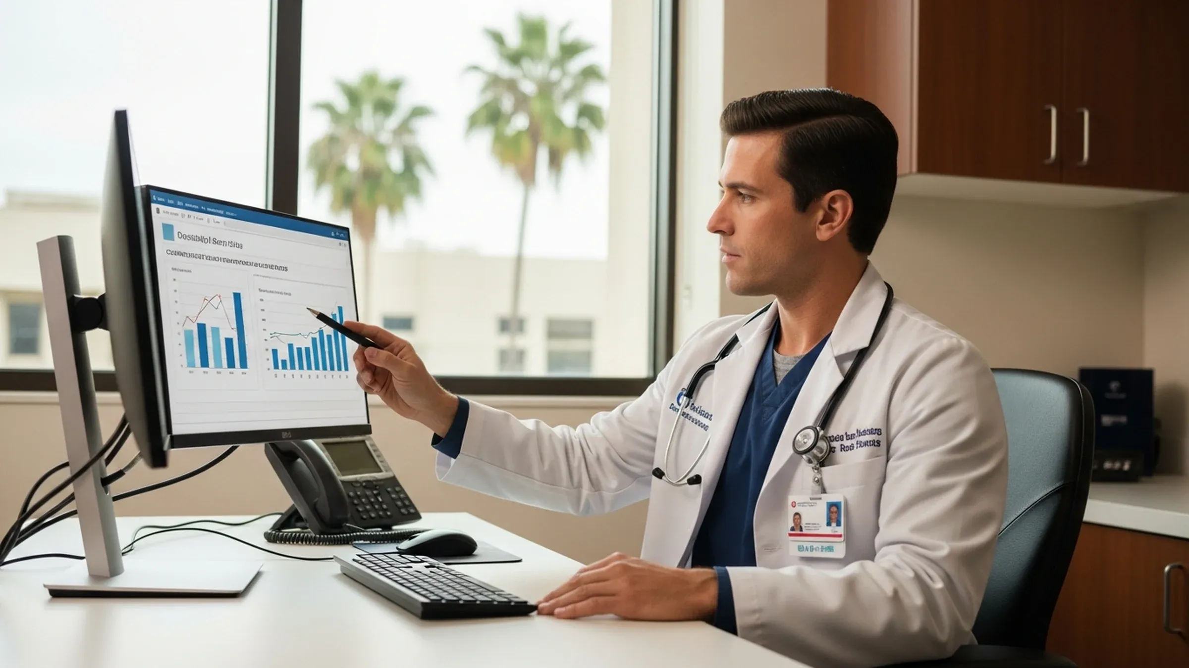 Anesthesiologist salary in California: successful anesthesiologist in scrubs outside a modern California hospital with palm