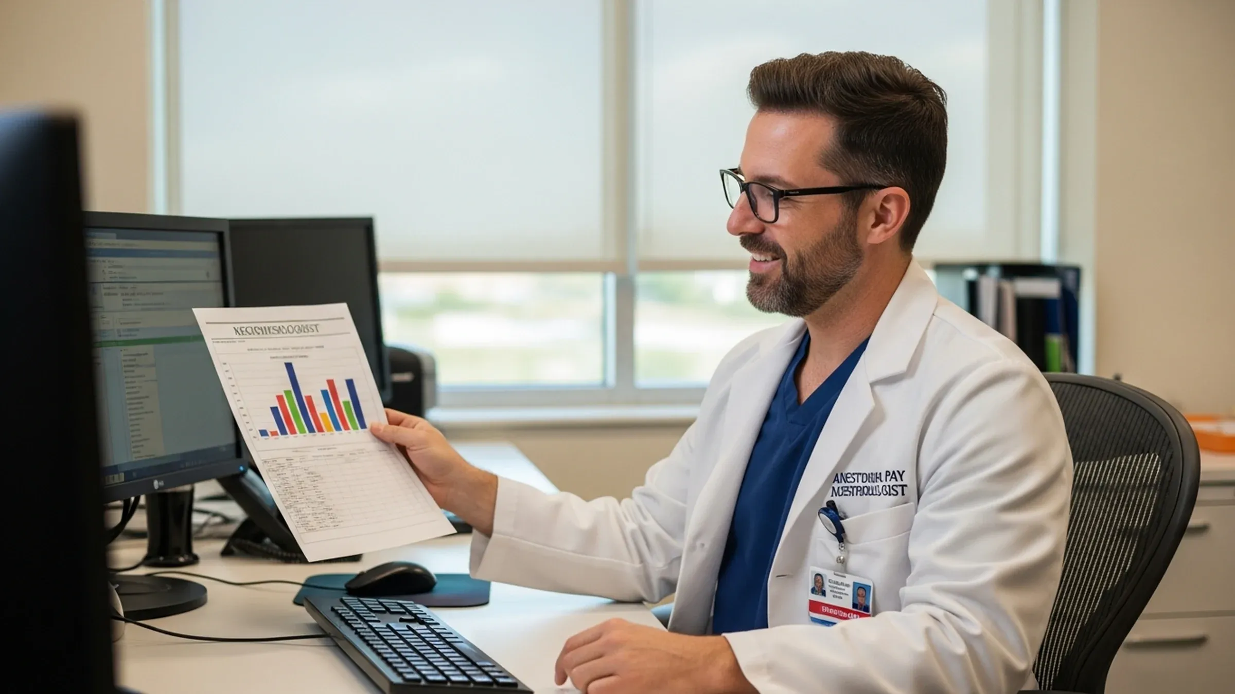 Anesthesiologist salary in Texas: confident anesthesiologist in scrubs outside a large modern Texas medical center under a