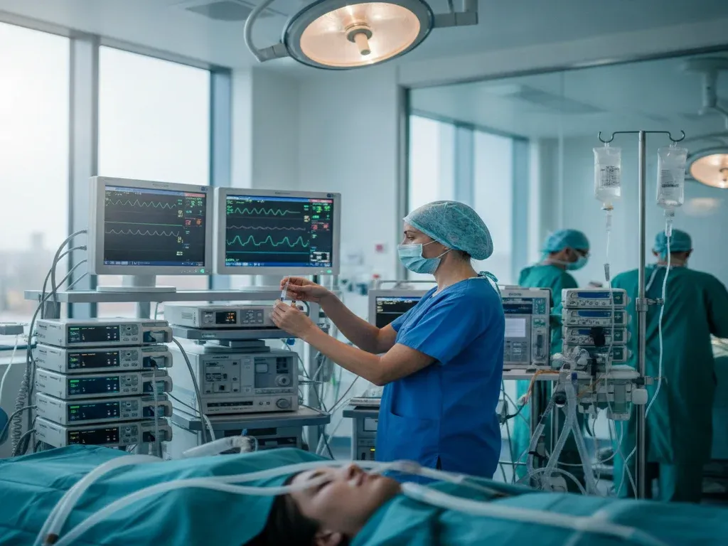 Anesthesiologist shortage: single anesthesiologist working diligently in a busy operating room conveying high demand and