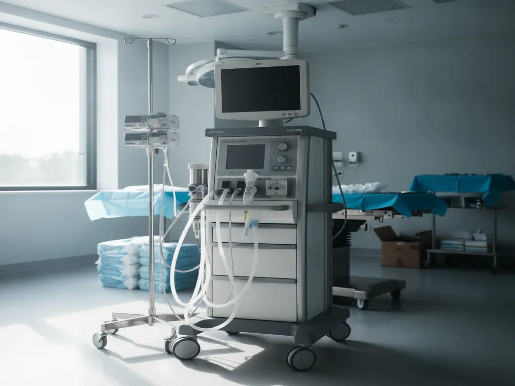 Anesthesiologist shortage: empty anesthesia workstation awaiting a provider in a modern OR, sense of staffing shortage