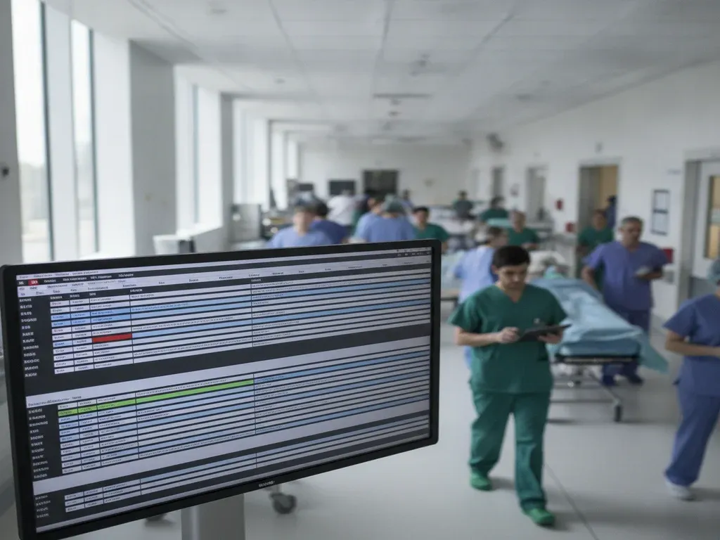 Anesthesiologist shortage: hospital scheduling board and busy surgical floor showing heavy caseload