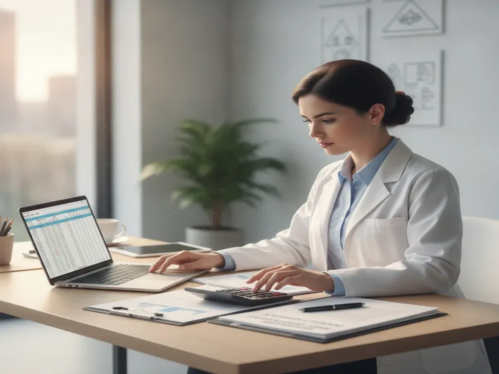 Anesthesiologist student loans: young physician reviewing student loan and finance documents at a home desk with a laptop