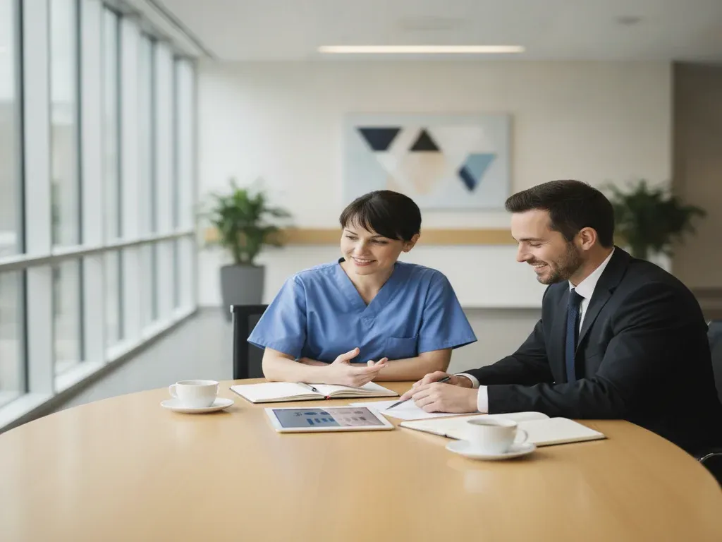 Anesthesiologist student loans: financial planning meeting between a doctor and an advisor in a bright office