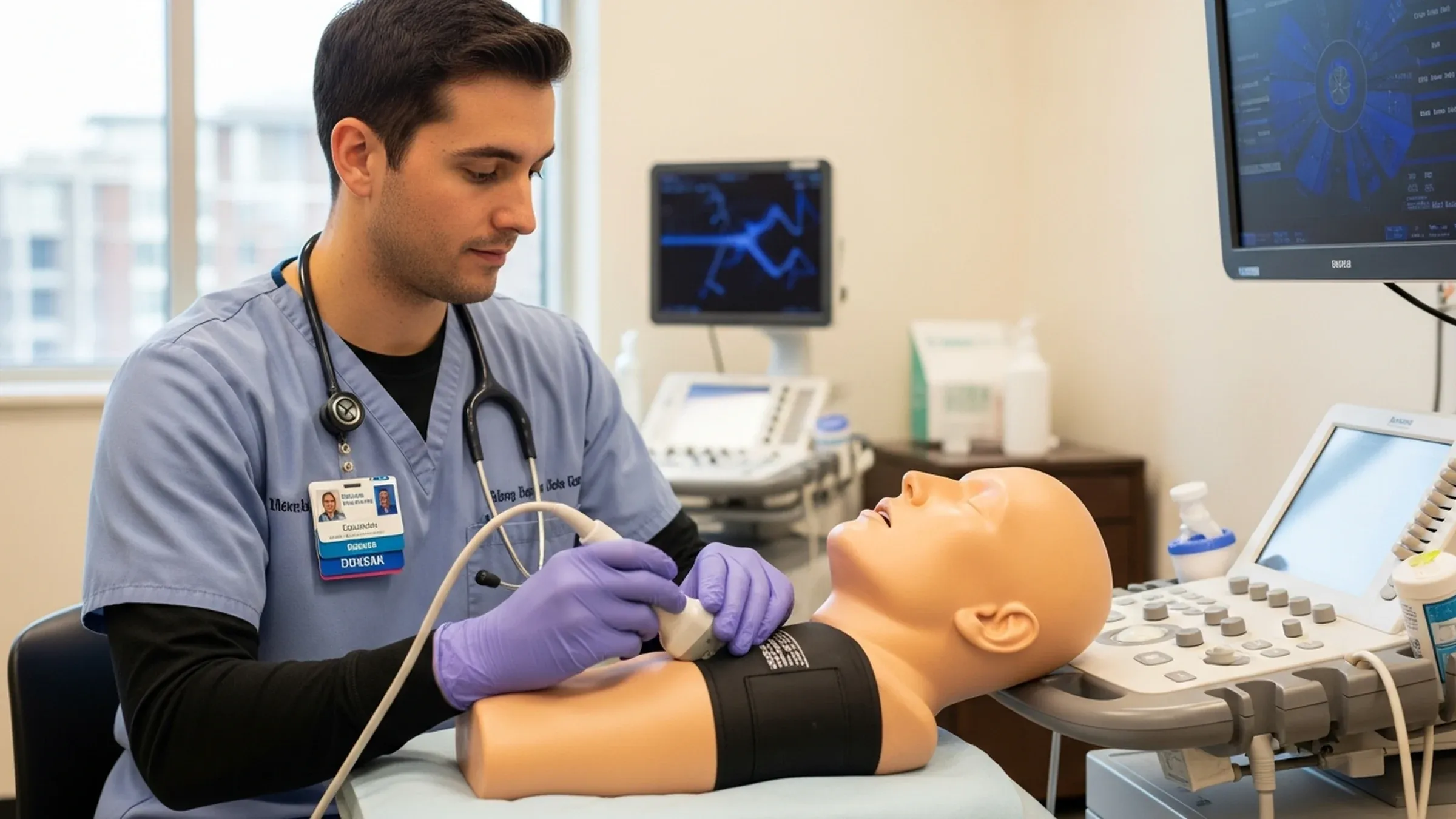Anesthesiology fellowship: group of anesthesiology trainees in scrubs during clinical rounds in a teaching hospital
