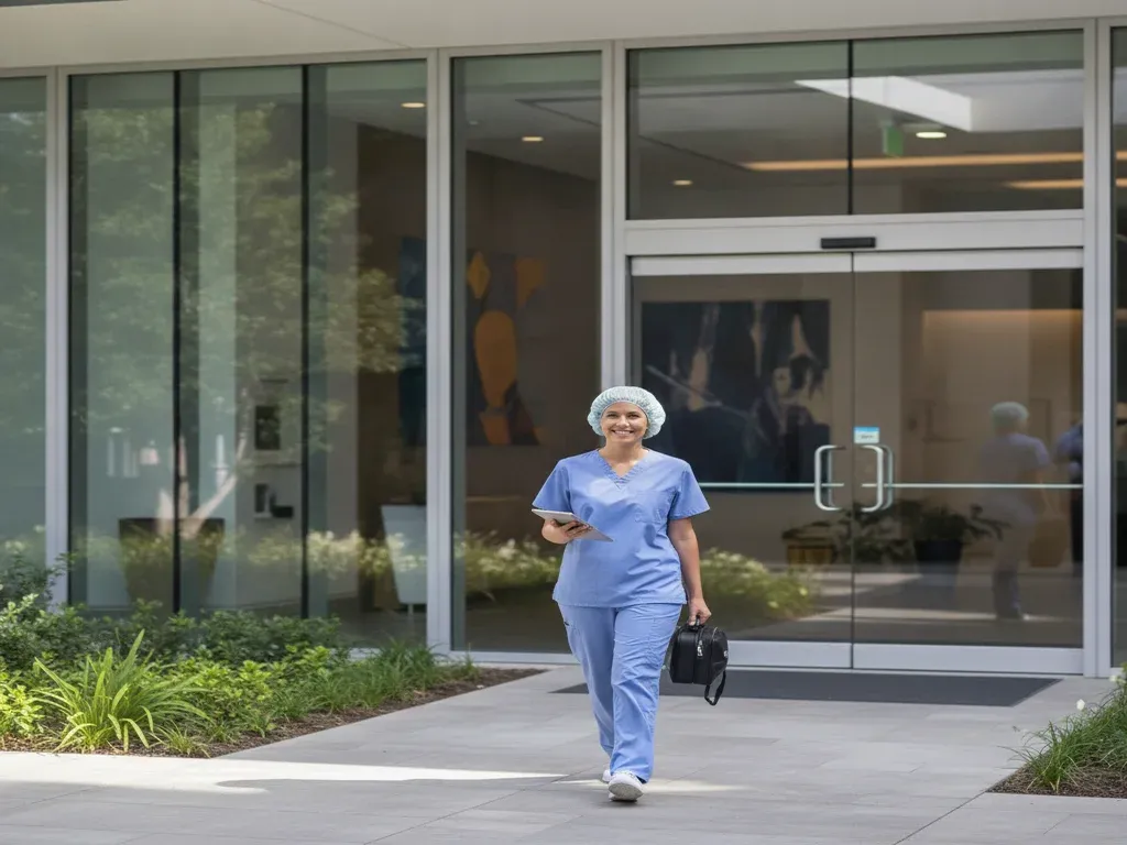 Best anesthesia jobs for work-life balance: content anesthesiologist walking out of a modern surgery center in daylight