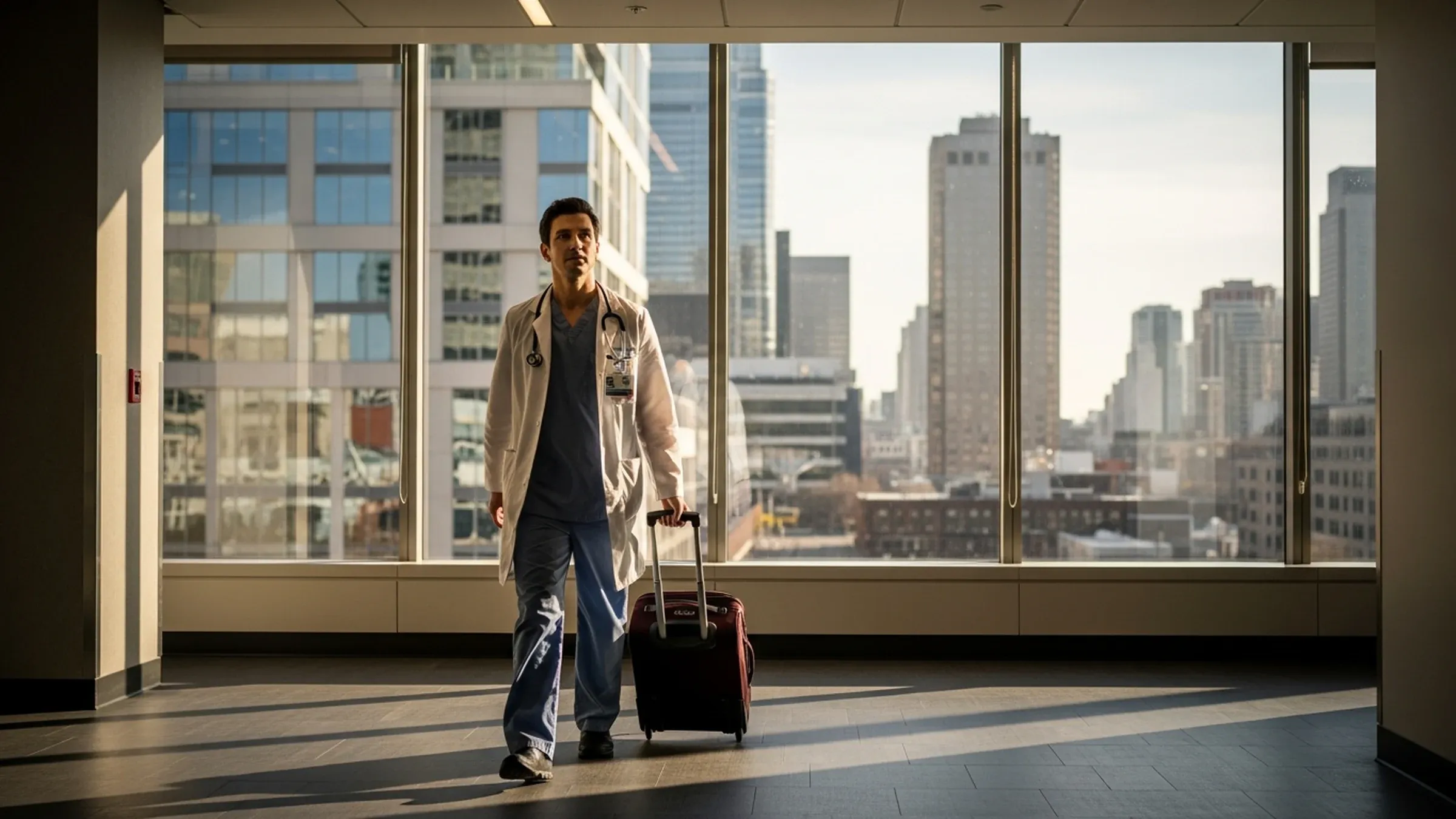 Best cities for anesthesia jobs: anesthesia provider with a suitcase arriving in a vibrant American city, modern skyline
