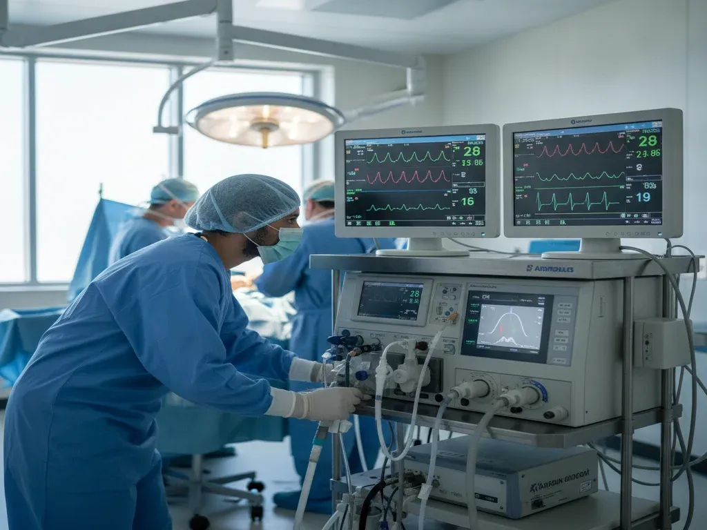 Certified anesthesiologist assistant job outlook: CAA monitoring anesthesia equipment during surgery in a bright operating