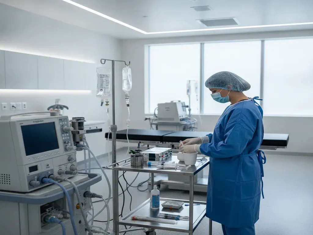 CAA work settings: CAA in a modern ambulatory surgery center preparing anesthesia equipment
