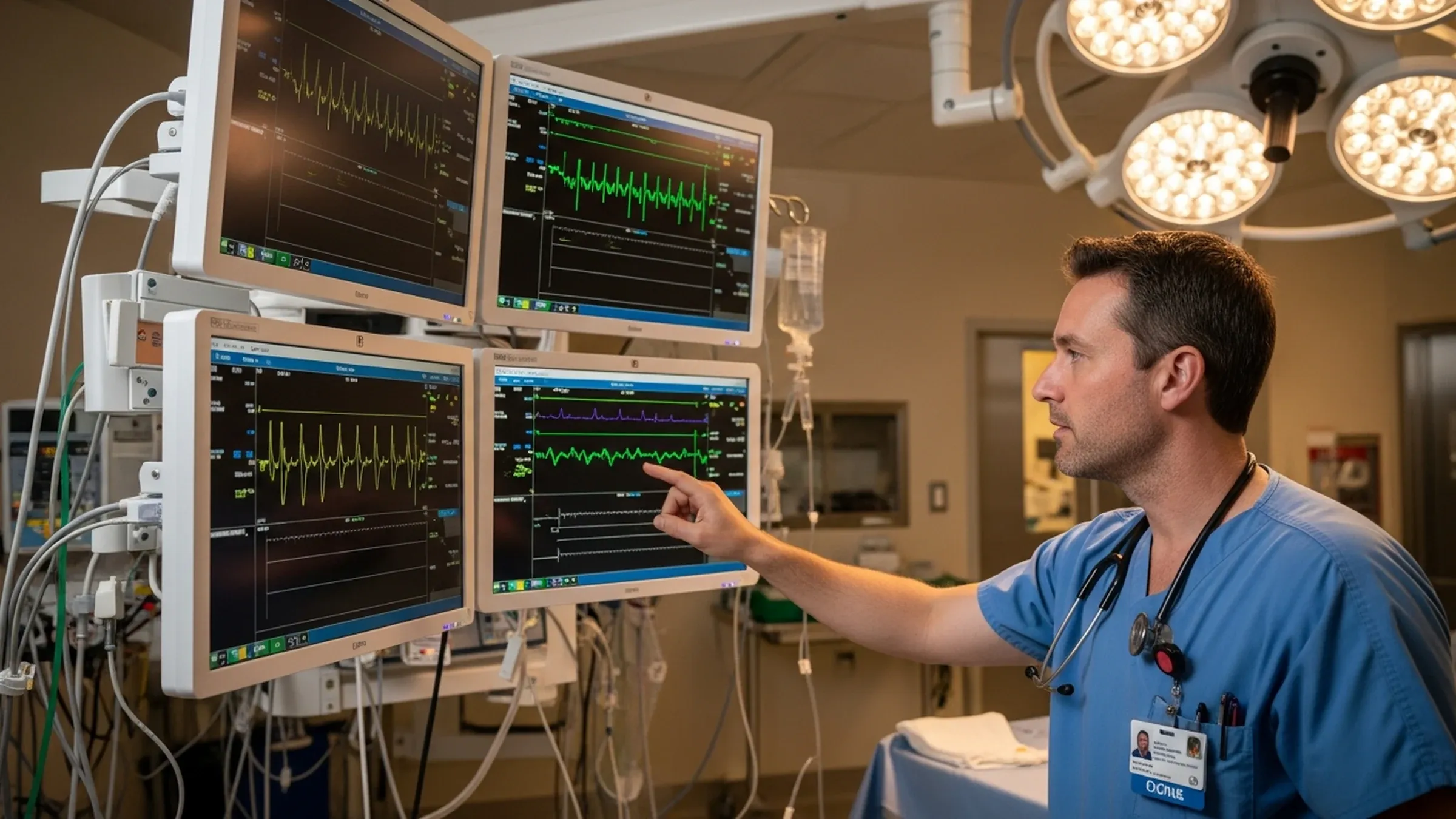 Cardiac anesthesia: cardiac anesthesiologist monitoring advanced hemodynamic displays during heart surgery in a specialized