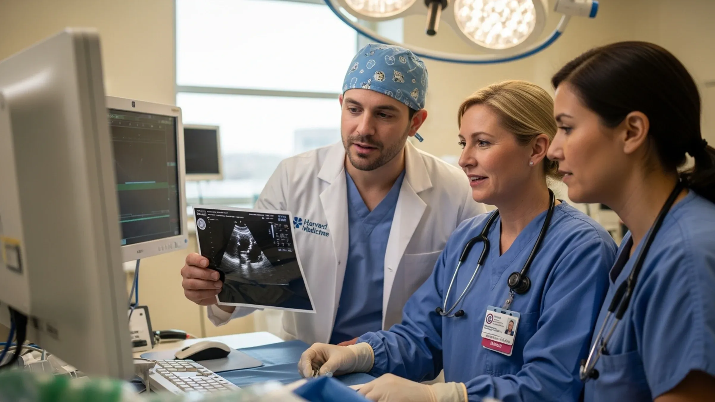 Cardiac anesthesia: a transesophageal echocardiography screen beside anesthesia monitors in a cardiac OR