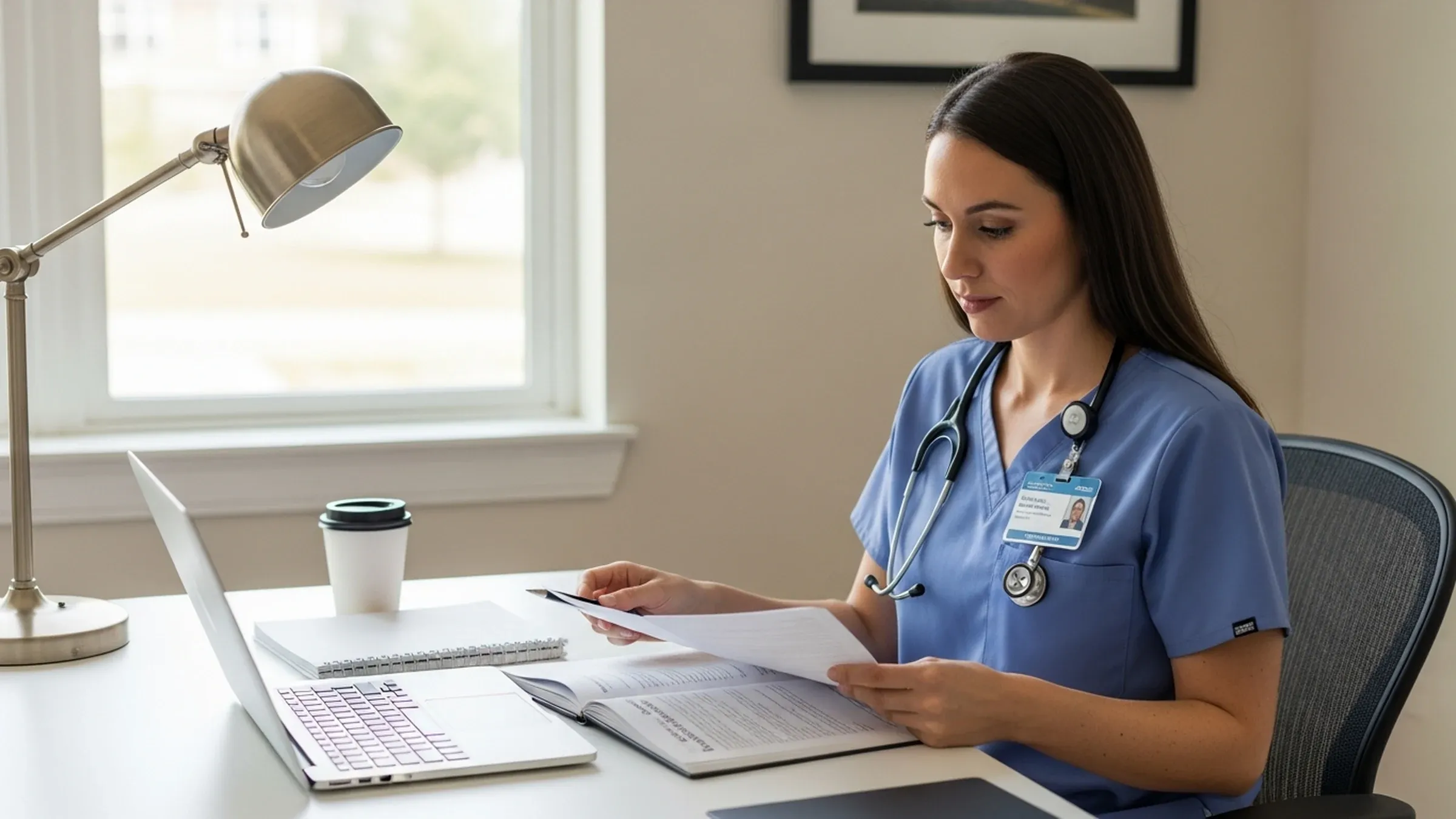 CRNA malpractice insurance: nurse anesthetist reviewing professional liability insurance documents at a desk in a calm office