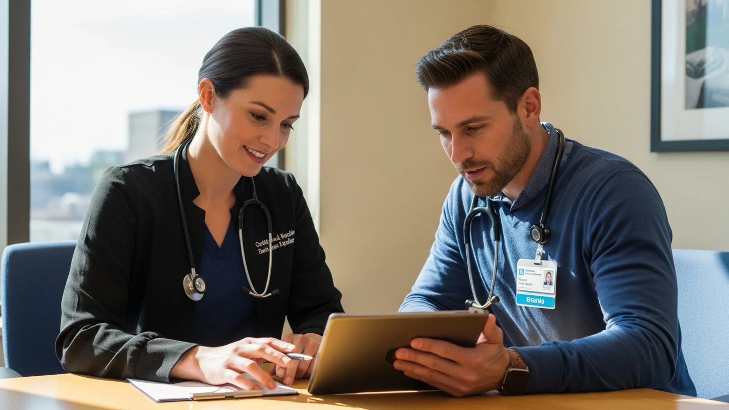 CRNA malpractice insurance: CRNA shaking hands with an insurance advisor in a bright professional setting