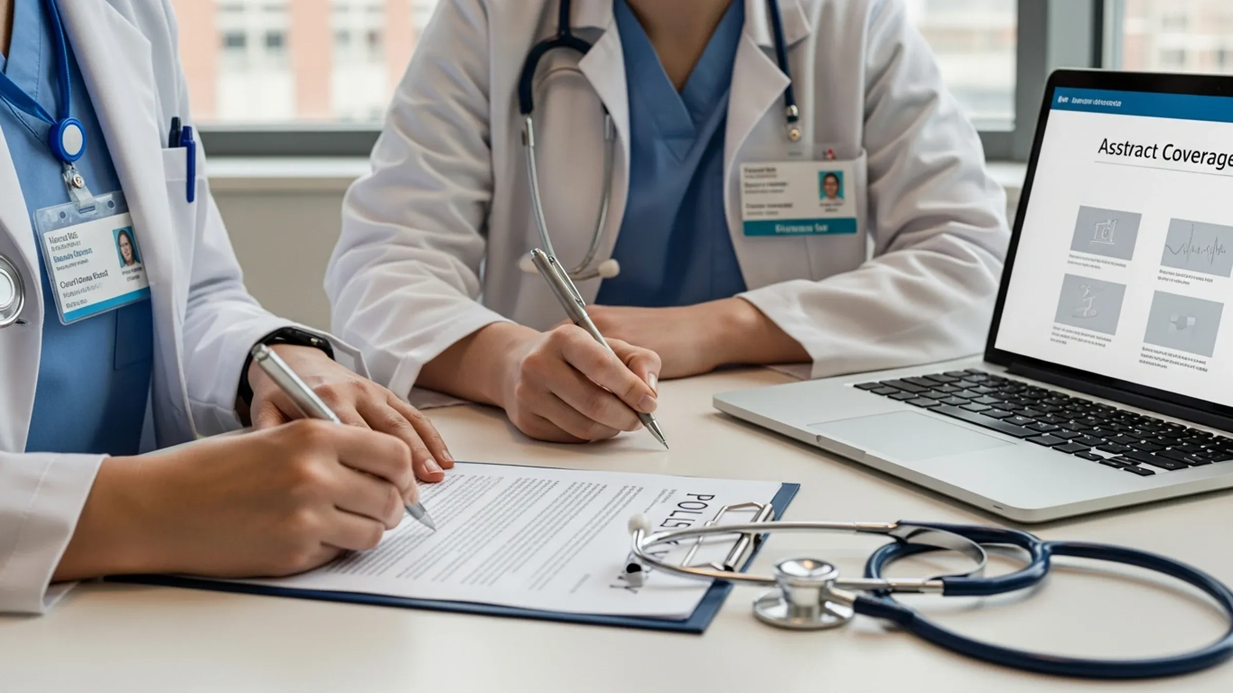 CRNA malpractice insurance: thoughtful nurse anesthetist reading a malpractice policy with a laptop and paperwork