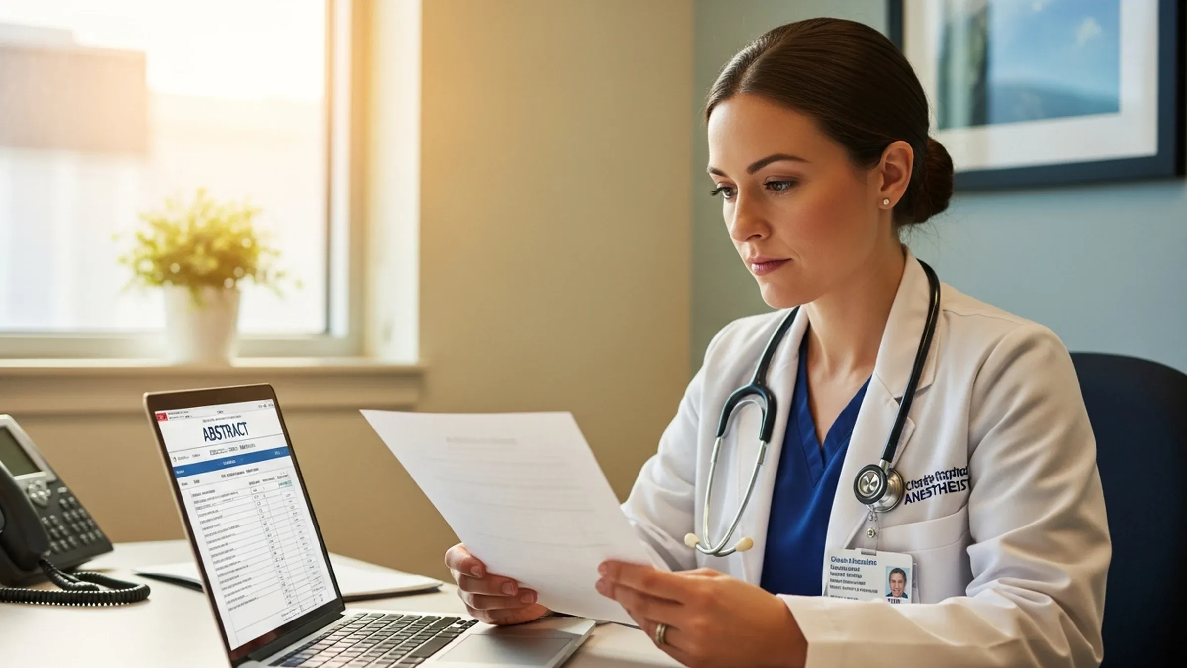 CRNA salary in Florida: nurse anesthetist in scrubs outside a modern Florida hospital with palm trees and bright blue sky