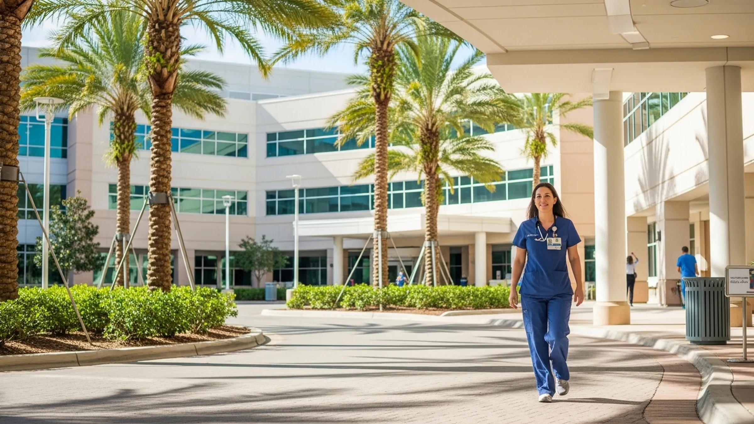 CRNA salary in Florida: CRNA reviewing salary details on a laptop in a sunlit Florida office