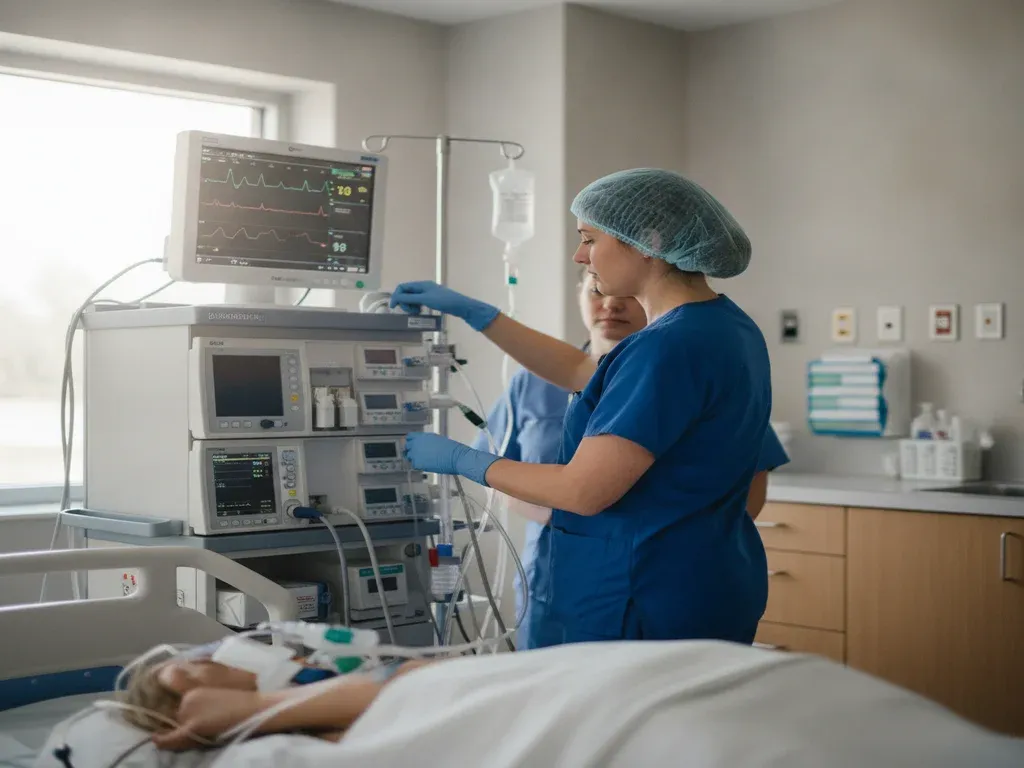 CRNA scope of practice by state: CRNA leading anesthesia care at a patient bedside in a community hospital