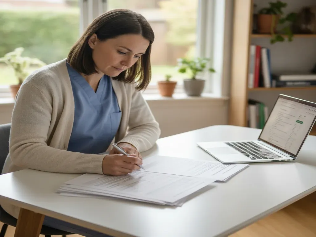 CRNA student loan forgiveness: nurse anesthetist reviewing student loan forgiveness paperwork at a home desk with a laptop