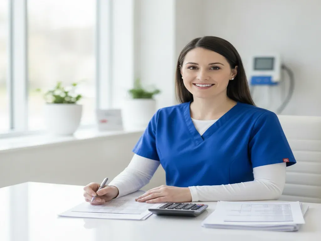 CRNA student loan forgiveness: CRNA in scrubs smiling while planning finances with documents and a calculator