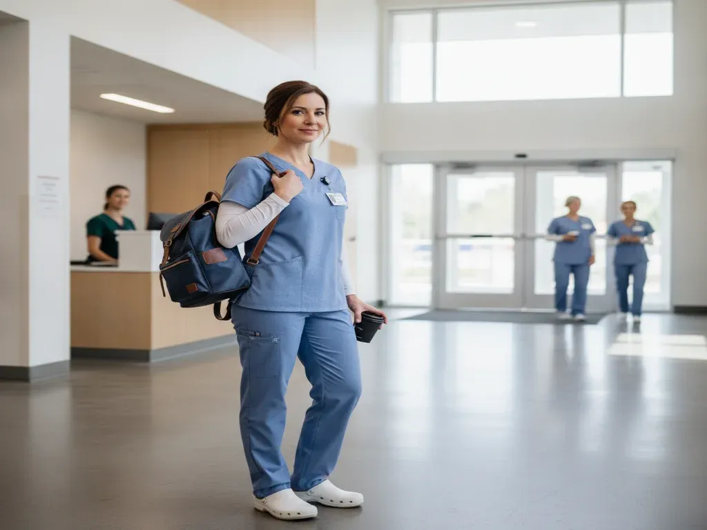 PRN CRNA jobs: nurse anesthetist with a flexible PRN schedule arriving for a shift at a surgery center, relaxed and