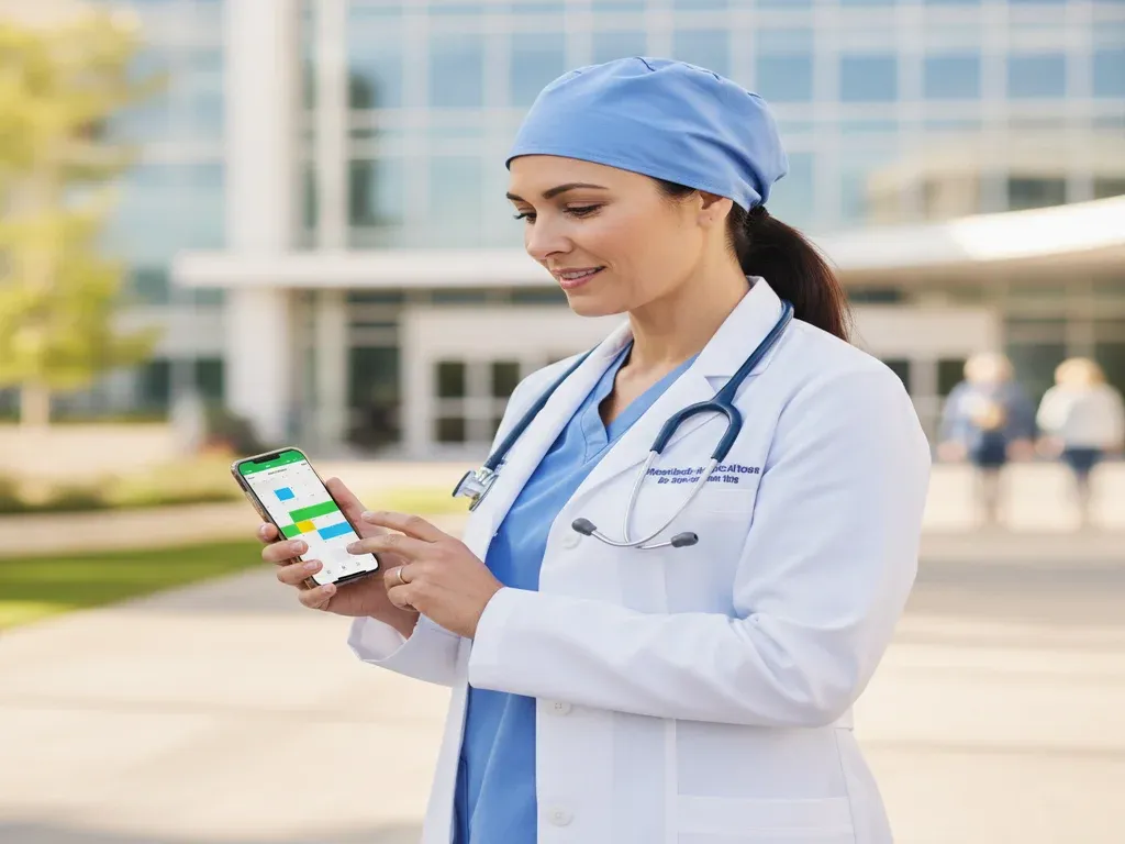PRN CRNA jobs: CRNA checking a flexible work calendar on a phone outside a hospital