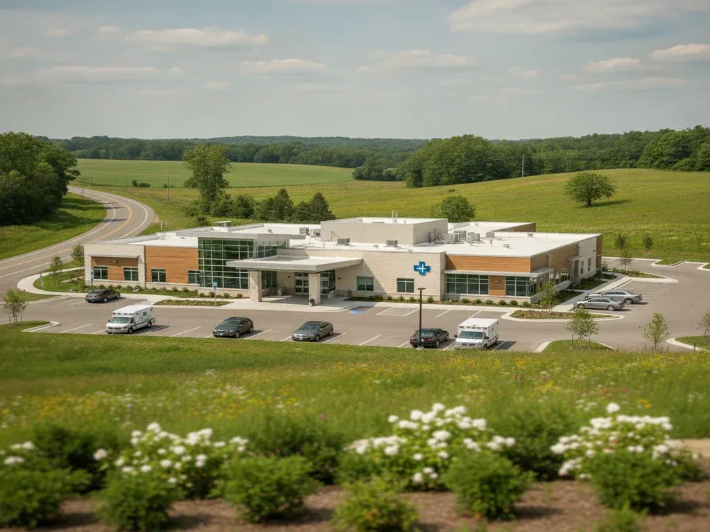 Rural anesthesia jobs: small-town American critical access hospital exterior surrounded by countryside