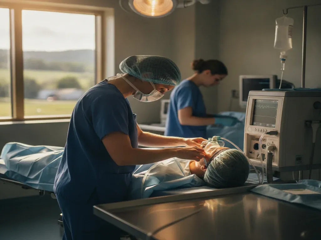 Rural anesthesia jobs: CRNA caring for a patient in a modest but modern rural OR, sense of vital community service