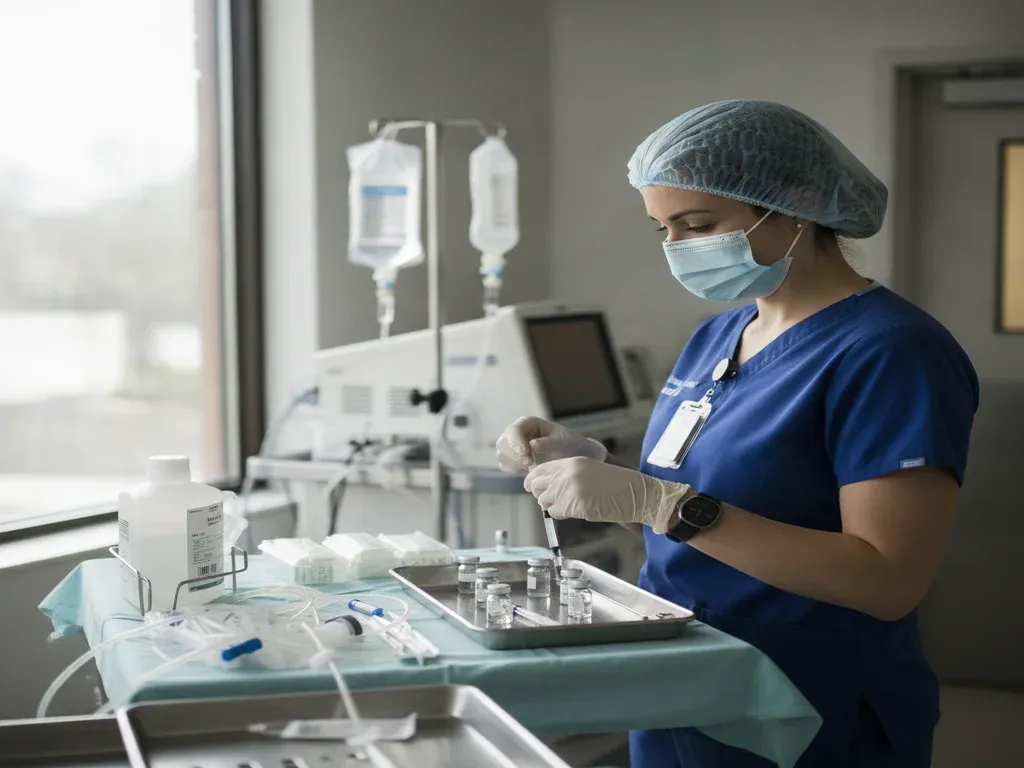 Surgery center CRNA jobs: CRNA preparing anesthesia for an outpatient procedure in a clean surgery center