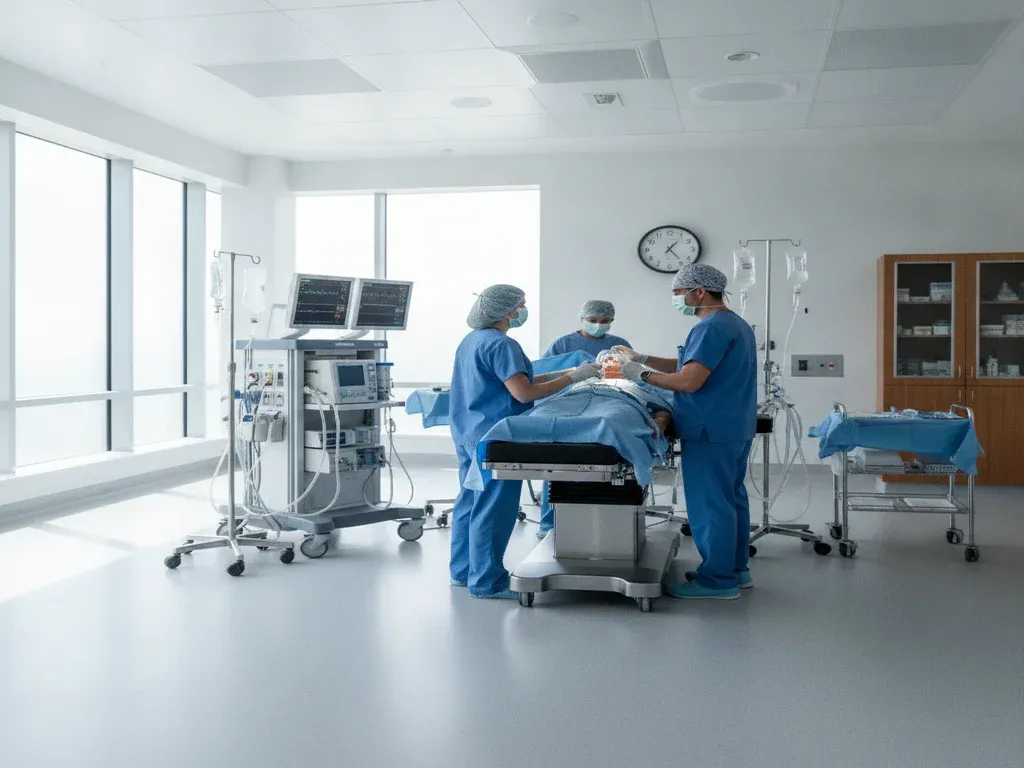 Surgery center CRNA jobs: upscale ambulatory surgery center interior with anesthesia care team at work